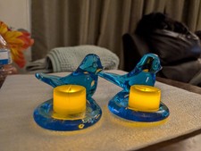 VTG Set Ron Ray Signed Blue Bird Of Happiness Handblown Art Glass Candle Holders