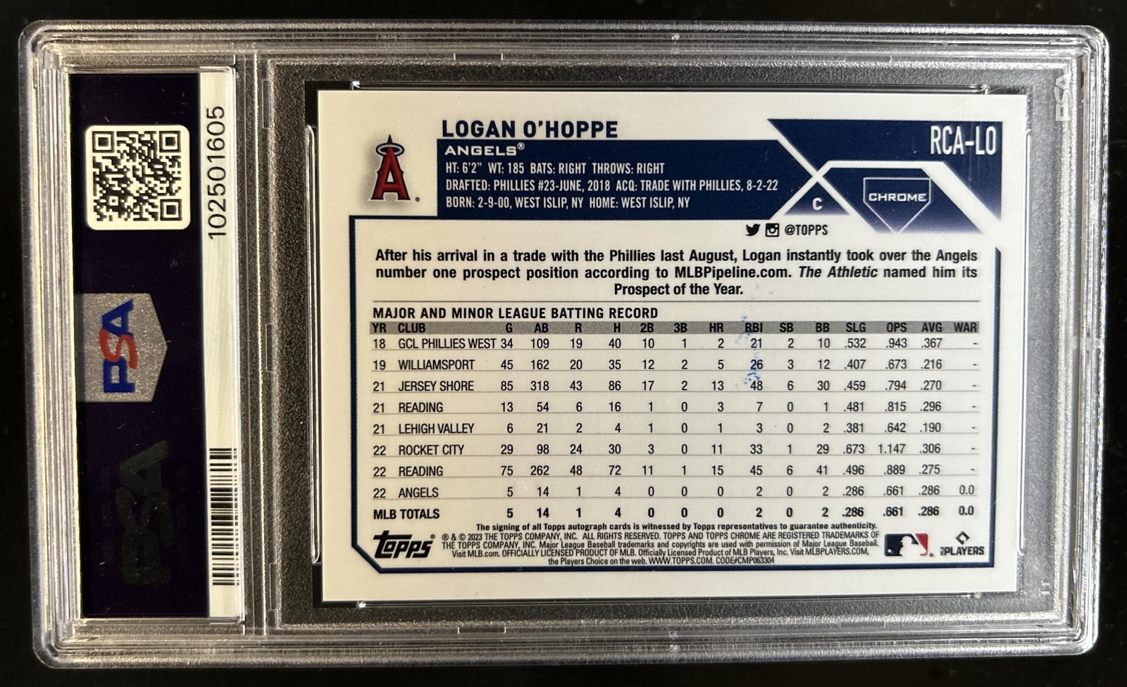 2023 Topps Chrome Logofractor Logan O'Hoppe Auto Rookie #RCA-LO Angels PSA 9 view 2