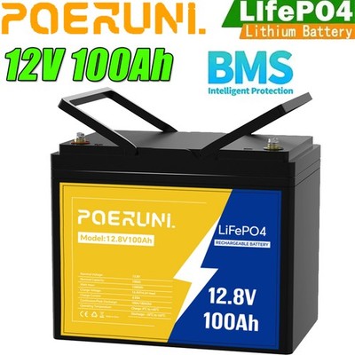100Ah 12V LiFePO4 Lithium Battery Built-in BMS Cycle Deep for Solar RV Off-grid