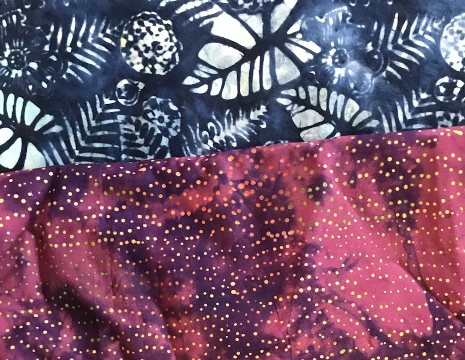 BTY Premium Batik 100% Algodón Uva Borgoña Granate Púrpura Lunares Amarillos Galaxia Foto 3 de 4