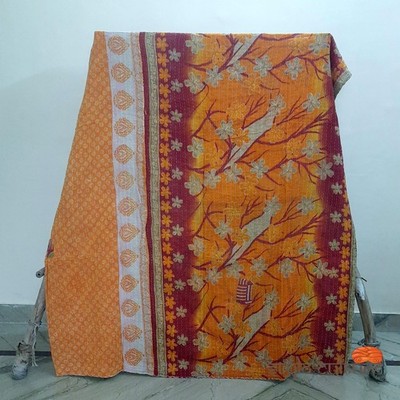 Vintage Kantha Quilt Handmade Saree Throw Boho Reversible Cotton Bedspread