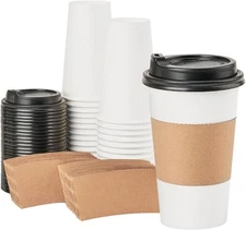 RACETOP Disposabe Coffee Cups with Lids and Sleeves 16 oz 50 Pack
