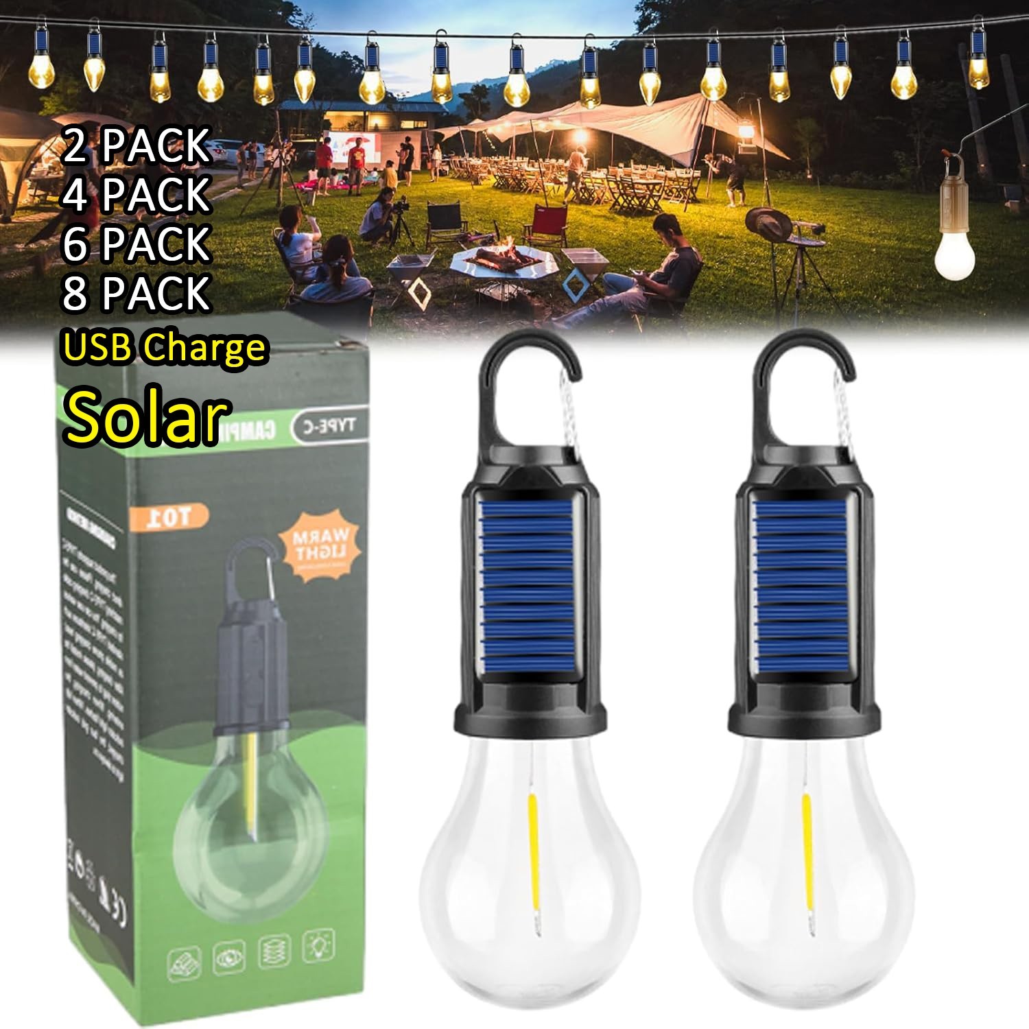 Solar Tent Lights LED Lantern,Backpack Hanging Lamp with Clip Hook,USB Recharge
