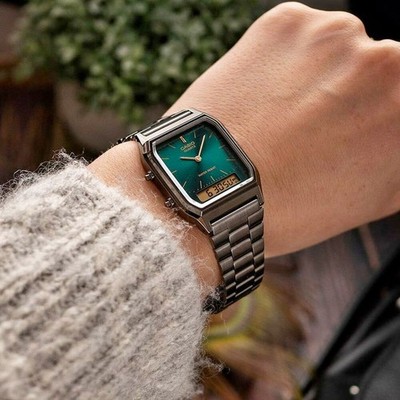 Casio Analog-Digital Square Dial Dual Time S.Steel Band Watch AQ 