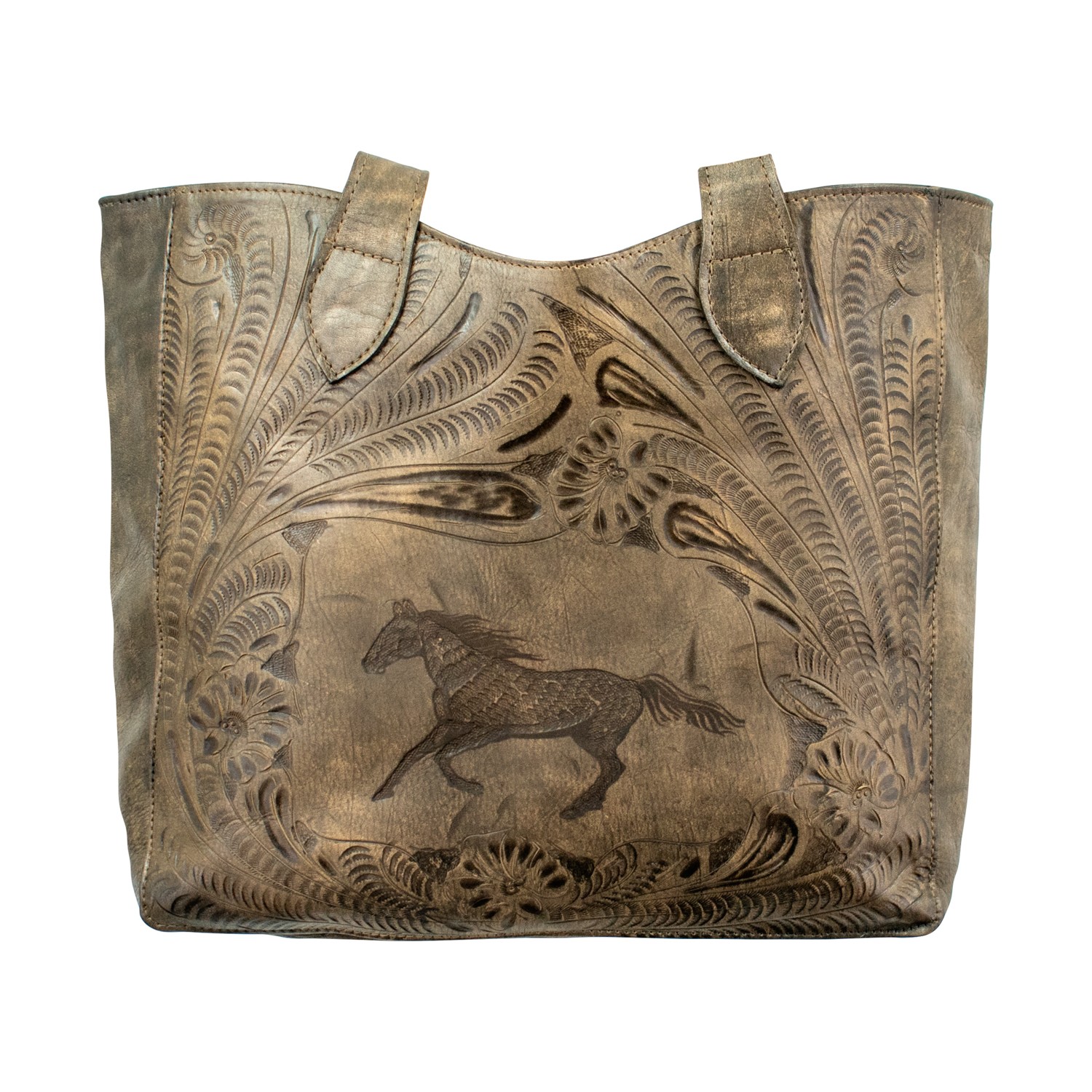 American West Womens Hitchin Post Large Distressed Charcoal Leather Tote Bag OS