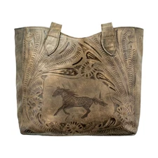 American West Womens Hitchin Post Large Distressed Charcoal Leather Tote Bag OS