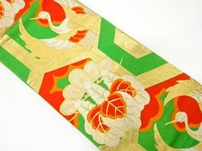7432685: JAPANESE KIMONO / ANTIQUE FUKURO OBI / SILK / WOVEN CRANE  PAULOWNIA