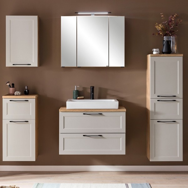 Badset Eiche Waschtisch Midischrank Spiegelschrank HäNgeschrank Unterschrank-image