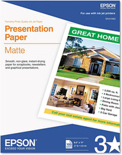 Epson S041062 Matte Presentation Paper, 27 Lbs., Matte, 8-1/2 X 11 Pack of 100