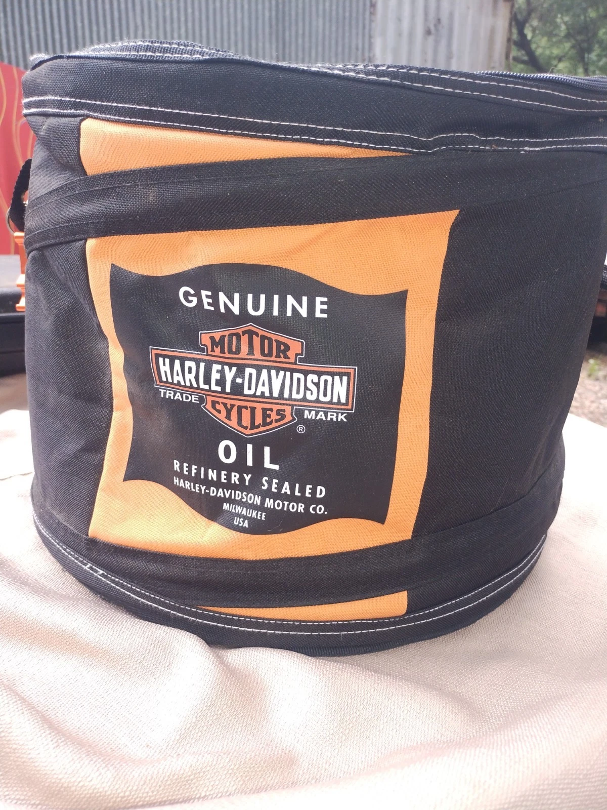 Harley Davidson Motor Oil Can Style Collapsible Cooler Round Insulated Bag 5 Gal