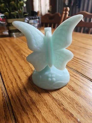 Fenton Light Satin Blue, Art Glass Butterfly Branch, Ring Holder Figurine