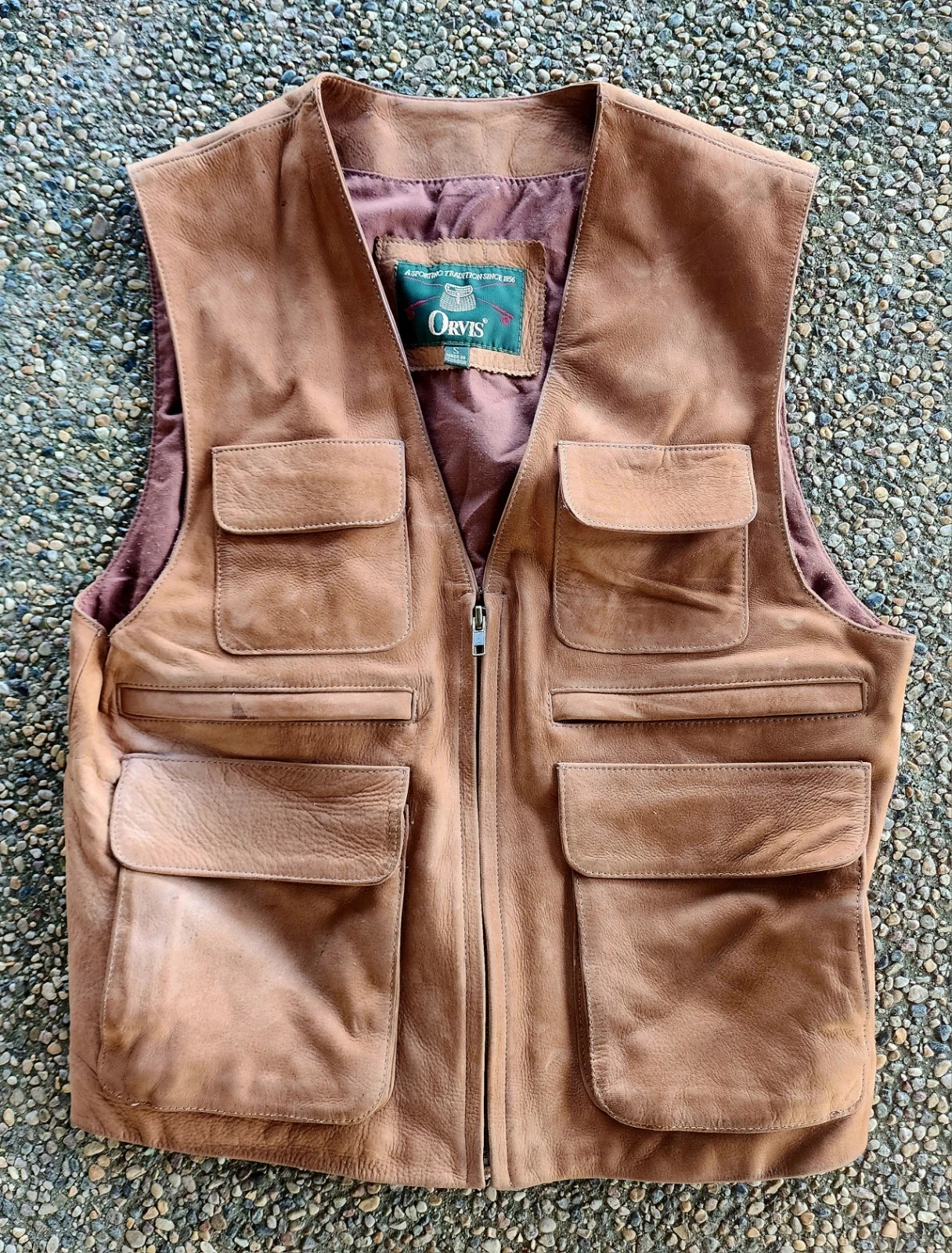 Vintage Orvis Brown Suede Leather Hunting Fishing Vest Utility Button Sz S