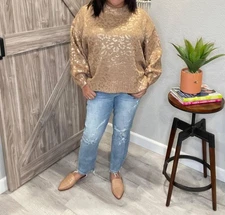 And The Why Metallic Rose Gold Taupe Leopard Print Balloon Sleeve Sweater Gold