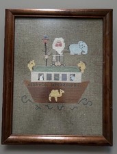 Hand Made Framed Crossstitch of Noah&rsquo;s Ark with Animals Vintage 14.5 x 11.5 Inch