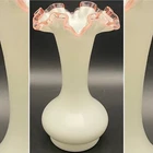 Fenton Milk Glass Ruffled Rose Peach Crest Trumpet Vase c1970s Made in USA 8"t