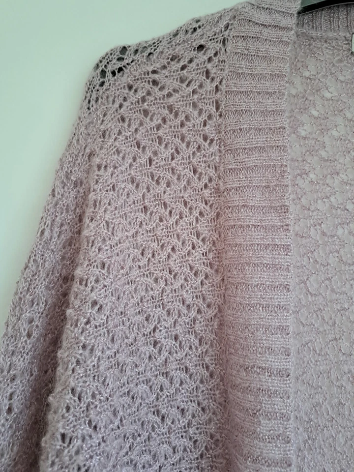 Mohair Blend Waterfall Cardigan Pink Blush Sparkle UK 20 Open Knit 3/4 Sleeve - Image 4 of 4