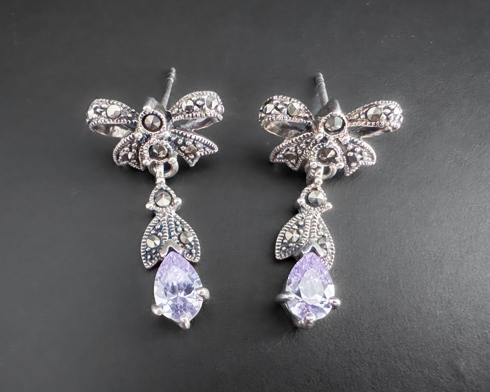 Genuine Sterling Silver Solid Amethyst Dangle Bow… - image 2