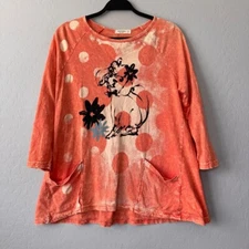 Jess & Jane Coral Floral Tunic Top Dog Print 3/4 Sleeve Pockets Artsy USA Made S