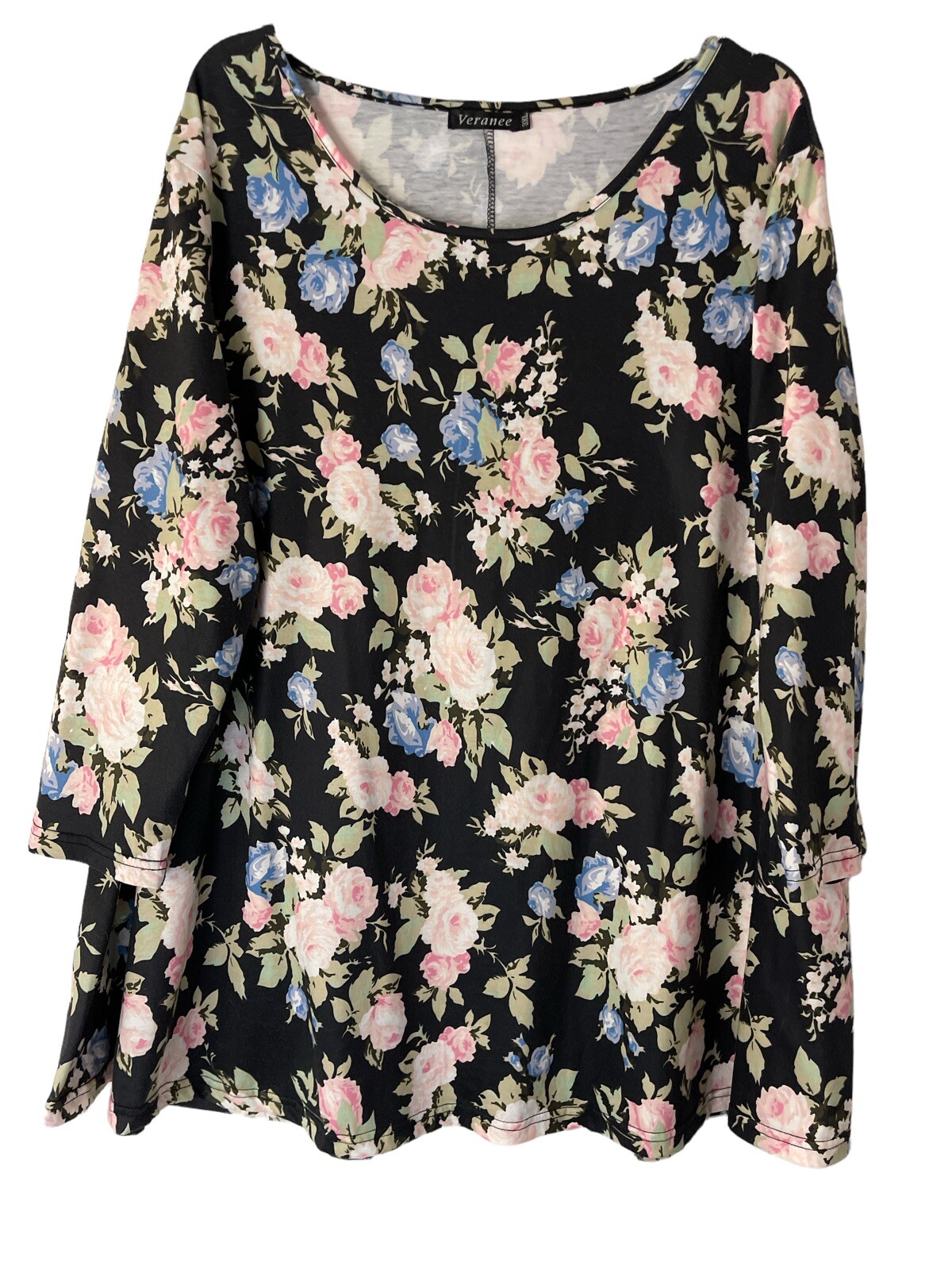 Veranee 3XL Swing Top Black Multicolor Floral Stretch Knit Scoop Neck 3/4 Sleeve