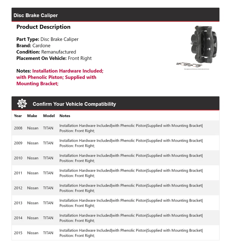 Pinça de freio a disco dianteira direita Cardone 2009 2010 2011 para 2008-2015 Nissan TITAN - Imagem 2 de 4