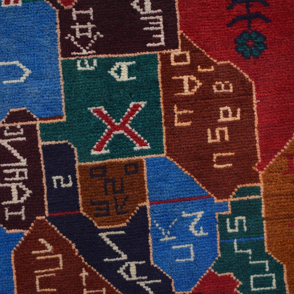 Red Map Pictorial Design Afghan Handmade Oriental Wool Decor Rug 2'10x4'5 G15292 - Image 4 of 4