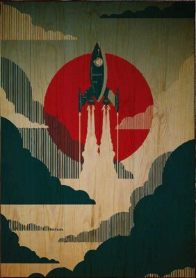 Soviet Rocket Retro Art Deco Space Painting on Wood Panel Archival Art Print