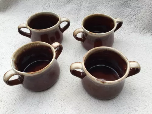 4 McCoy USA Brown Drip Two Handled Mugs Soup, Chili, Coffee, Tea