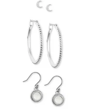 $39 LUCKY BRAND SILVER TONE  3 PC HOOP & STUD EARRINGS CRESENT MOON  A102