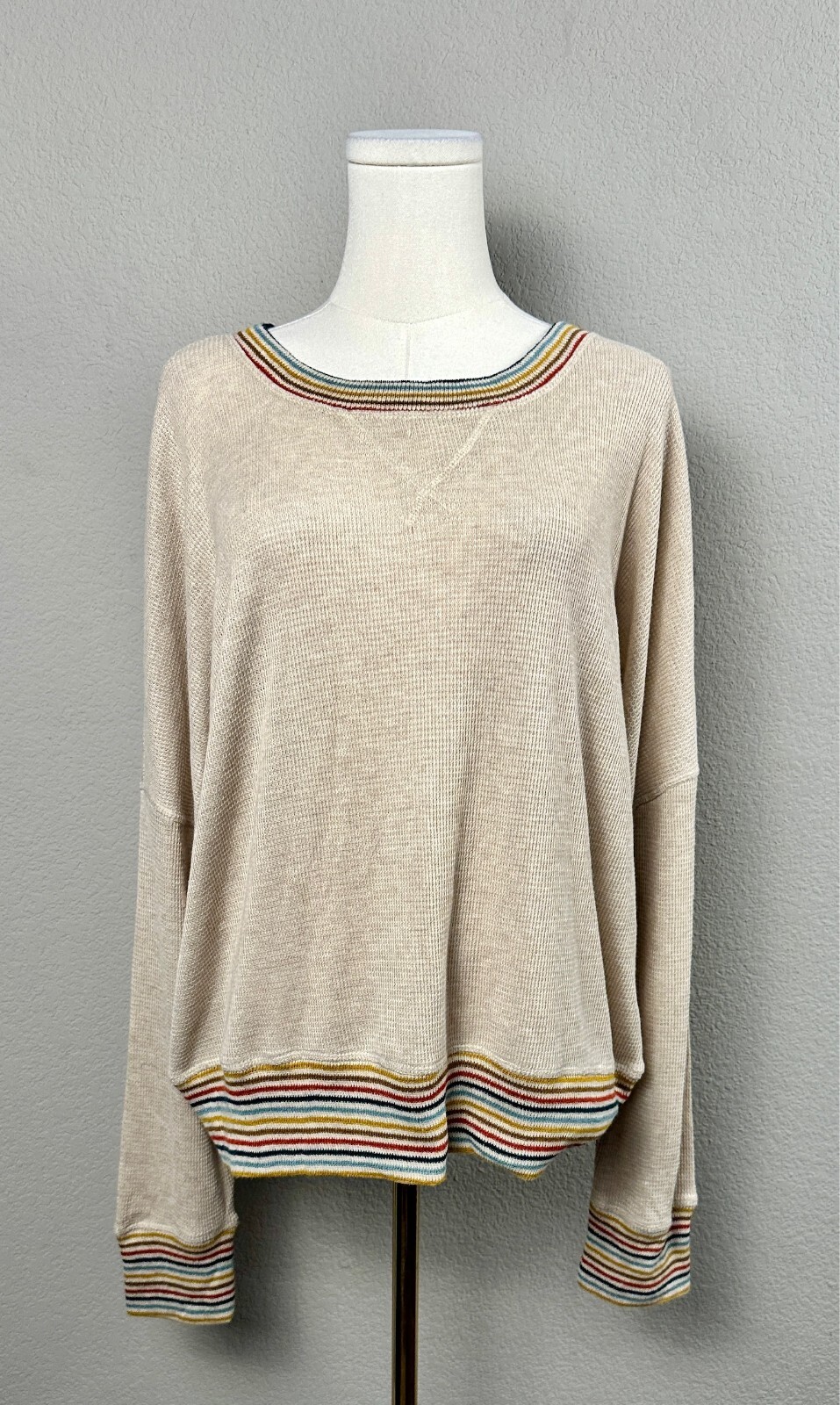 Time And Tru Womens XL Cream Sweater With Multicolor Cuffs New With Tags