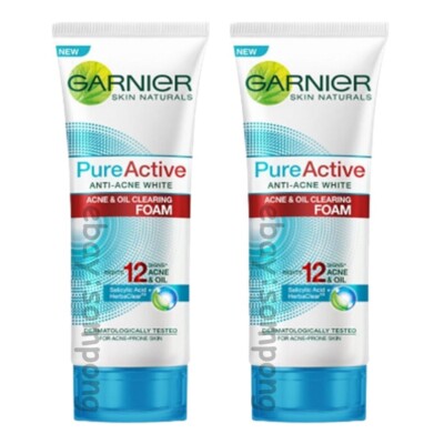 Garnier Anti Acne Cleanser Face Skin Oil Clearing Foam Pure Active White 100mlx2