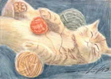 ACEO Original Pastel Drawing Ginger Orange Tabby Cat Wool by Anna Hoff Good Play