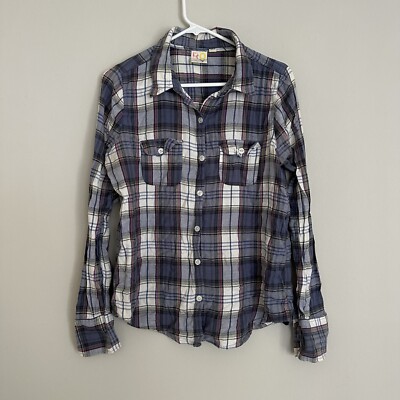 Roxy Button Shirt Women's Large White Blue Plaid Flannel Long Sleeve Top Pocket