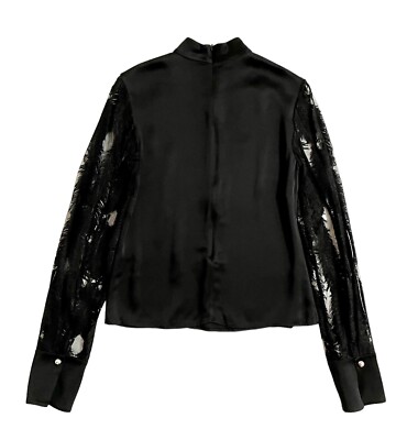 David Koma Black Feather Macrame Sleeves Satin Mock Neck Blouse SZ