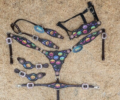 Halloween Tack Set for Horse -Ghost and Skull Design on Dark Background