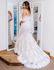 Wtoo by Watters Ivory Lace Off-Shoulder Sweetheart Mermaid Train Dress 14