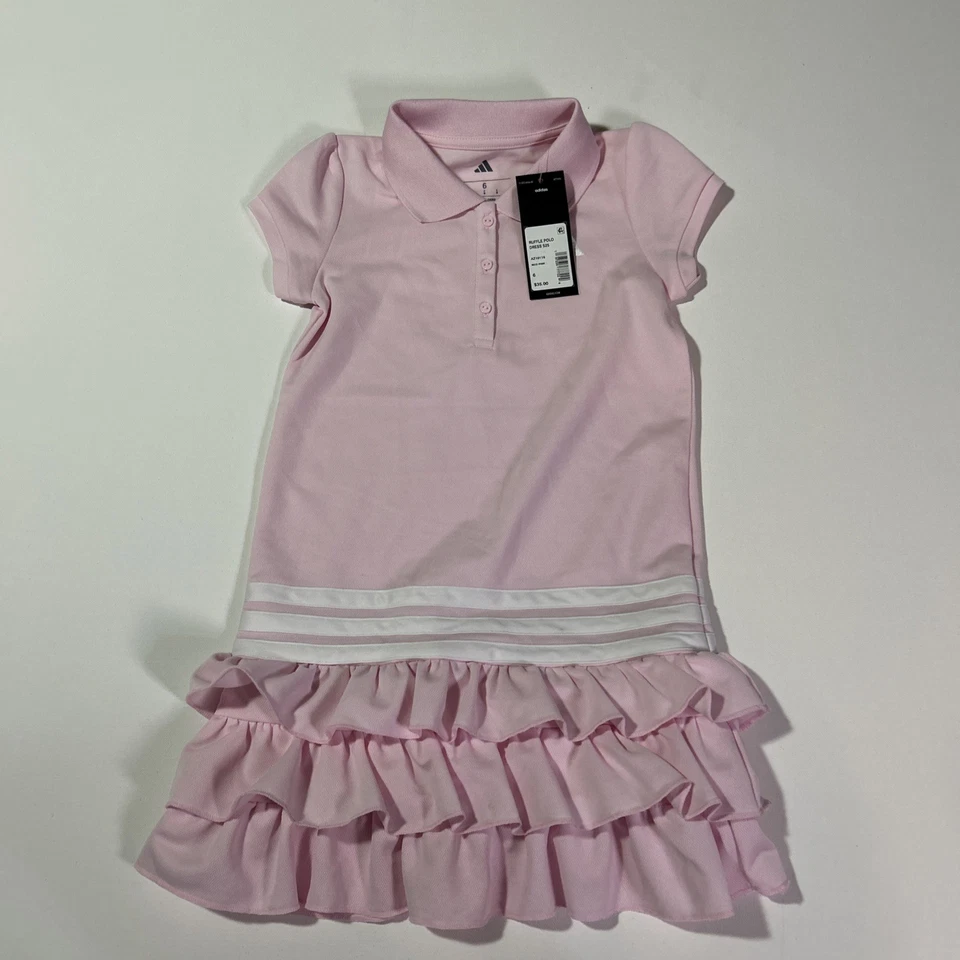 Новый с Ярлыками Adidas девочек розовый поло платье оборки низ Athletic Activewear размер 6 - Изображение 2 из 4