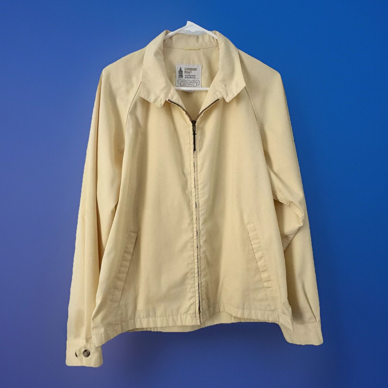 Vintage London Fog Pale Yellow Bomber Jacket Windbreaker Weatherwear Size 42 Long Classic Retro Style