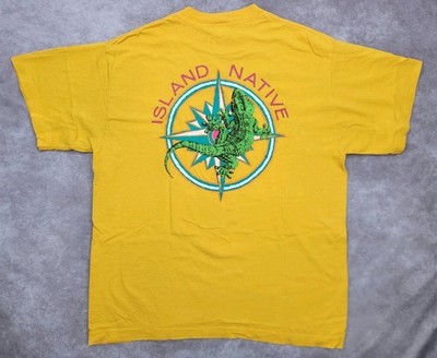 Vtg L St Johns Bay Single Stitch Island Native Green Gecko T-Shirt Yellow USA
