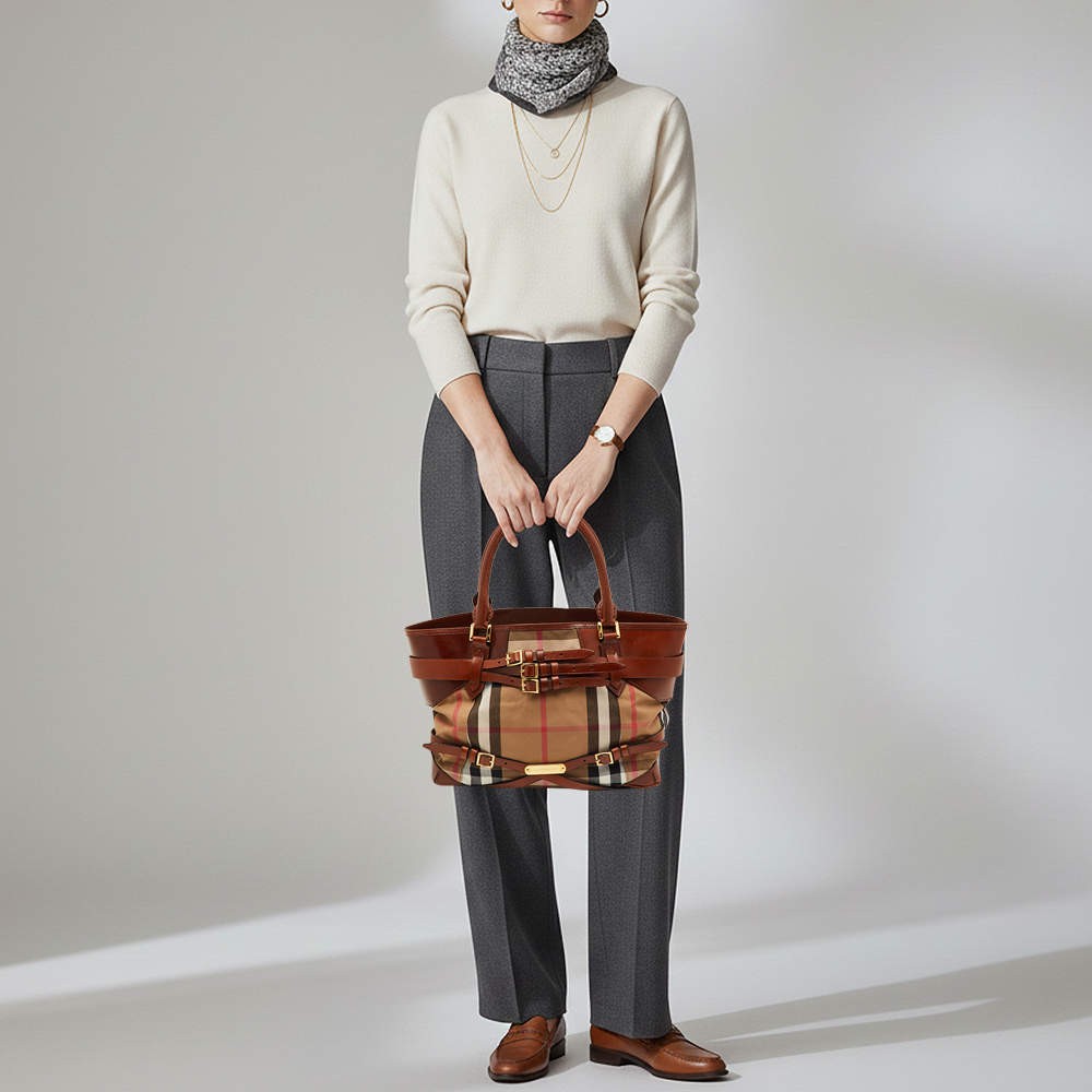 Burberry Bridle Lynher Brown House Check Fabric and Leather Tote