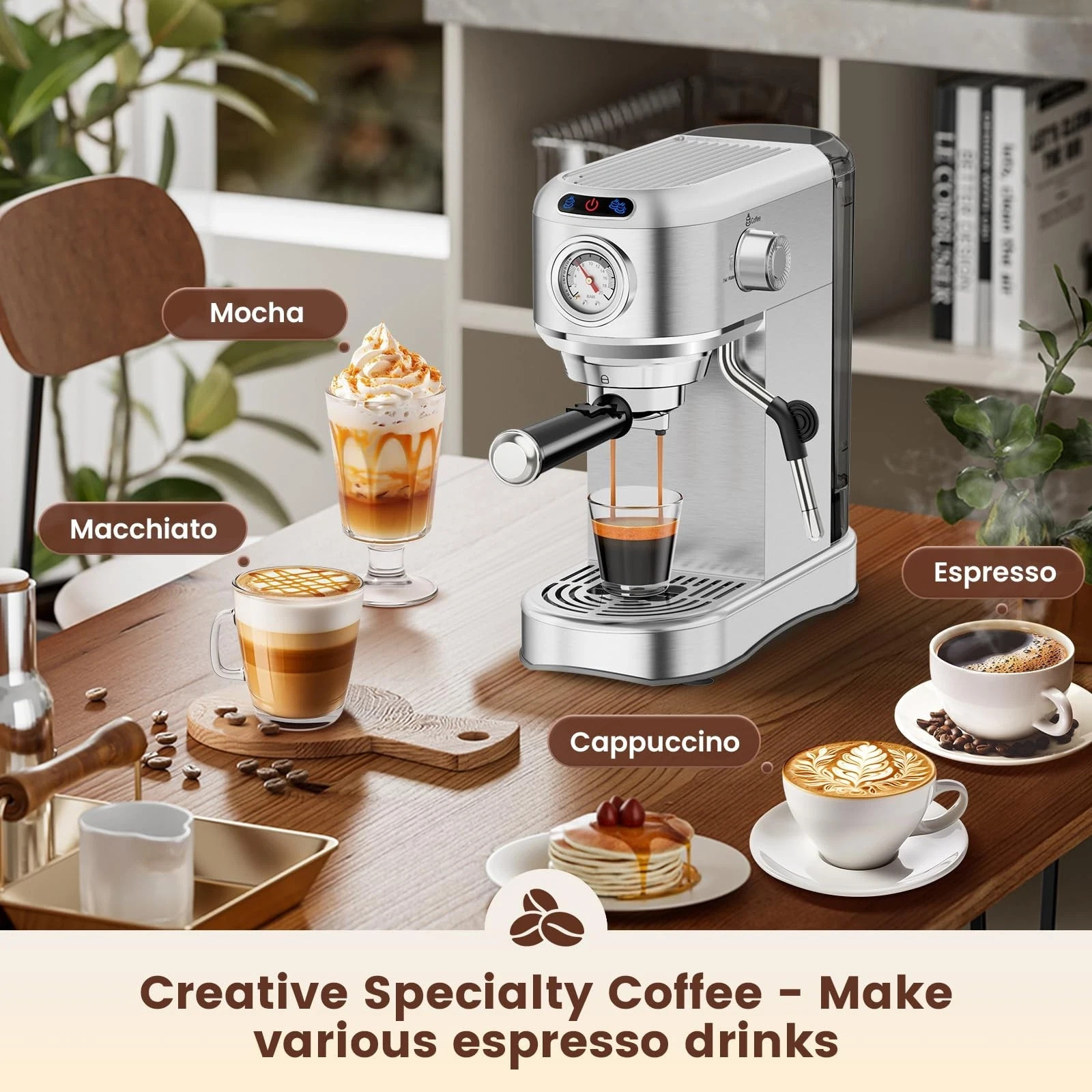 Espresso Machine 20 Bar, Compact Maker, Stainless Steel with Milk Frother New