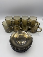 8x Smoked Glass Mugs + 8x saucers Arc France Arcoroc – Vintage 1970s