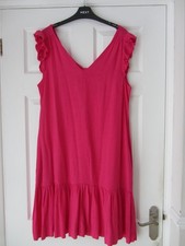 Ladies NEXT Pink Ruffle Sleeve V-Neck Linen Blend Dress - Size 12 - Worn Once