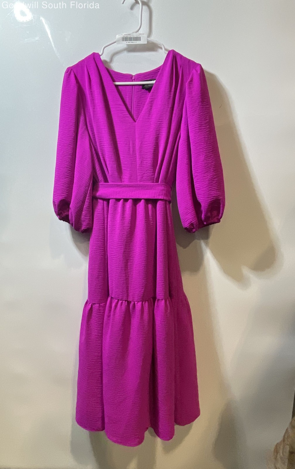 DKNY Womens Pink Puff Sleeve V-Neck Belted Tiered Fit & Flare Dress Size 12