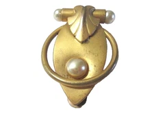 UNUSUAL DRESS CLIP ART DECO FAUX PEARL ART NOUVEAU OR DECO STYLE ANTIQUE BRASS