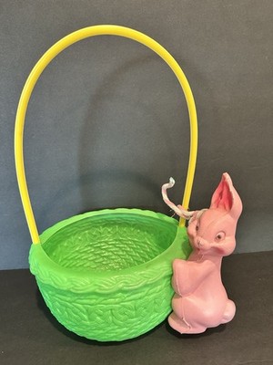 Vintage Pink Bunny Blow Mold Plastic Easter Basket Long Handle
