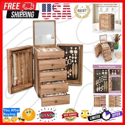 Jewelry Box Wood for Women, 5-Layer Large Organizer Box with Mirror & 4 Drawe...