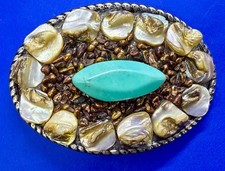 Southwestern Style Centered Turquoise Stone Abalone Shell Border LG Belt Buckle