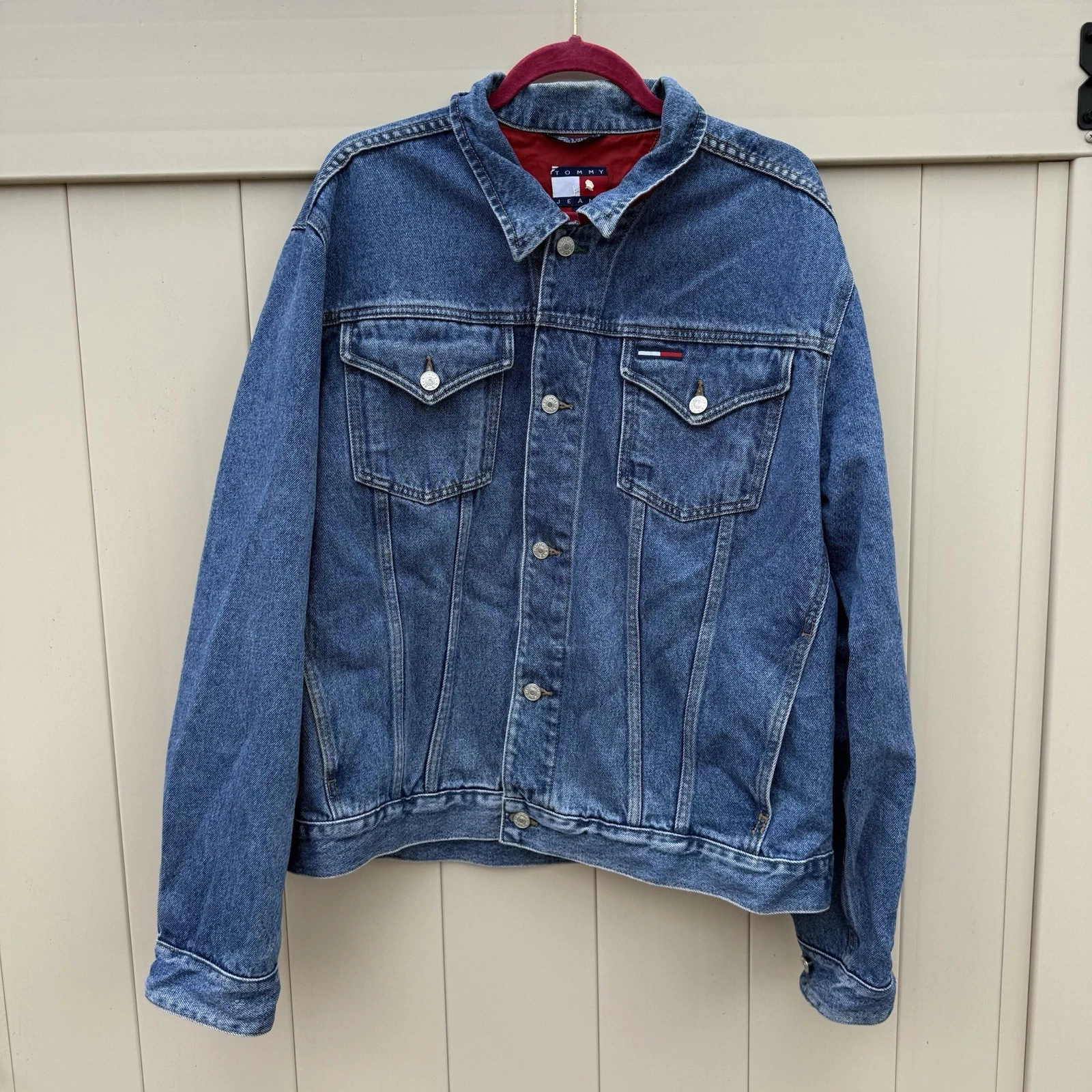Vintage Tommy Jeans Denim Jacket Mens XL Blue Logo Trucker Button Up Classic