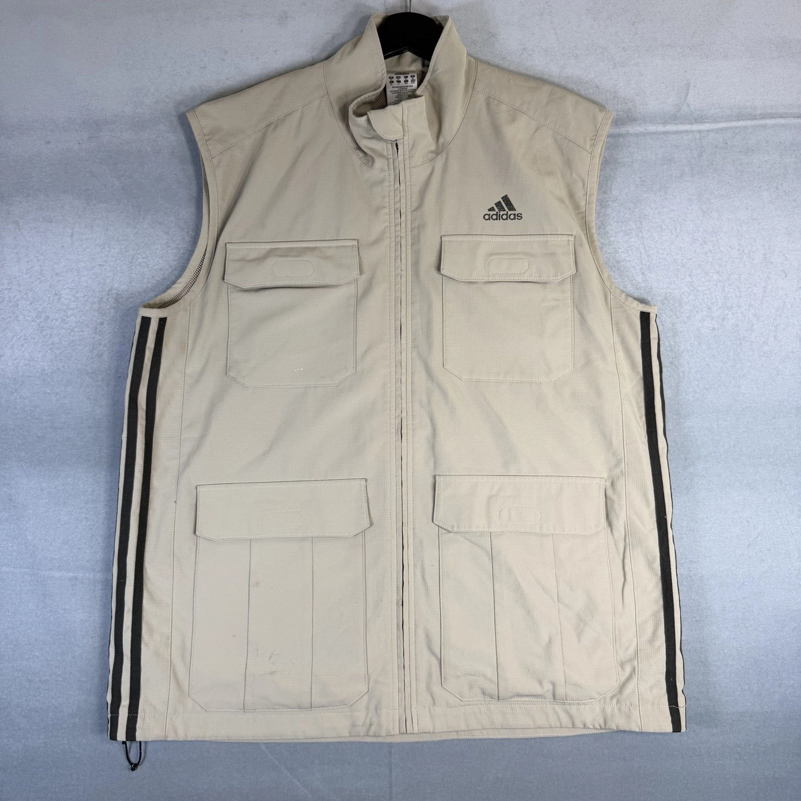 VTG Adidas Utility Vest Mens XL Beige Outdoor Fishing 3 Stripe Safari Y2K 90s