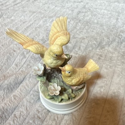 Porcelain Musical Yellow Bird Figurine Trinket Box on White Base